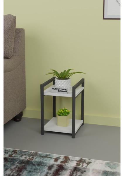 Metal Ahşap Dekoratif Çok Amaçlı Raf 2 Katlı Banyo Mutfak Rafı Çiçeklik Organizer Beyaz