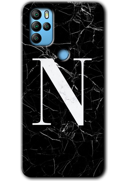 Omix X500 Kılıf Hd Desen Baskılı Arka Kapak + Kırılmaz Cam - Siyah Mermer Desenli N Harfi