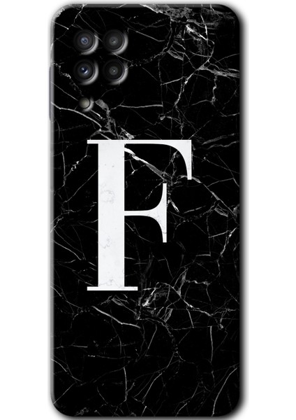 Galaxy A22 Kılıf Hd Desen Baskılı Arka Kapak - Siyah Mermer Desenli F Harfi