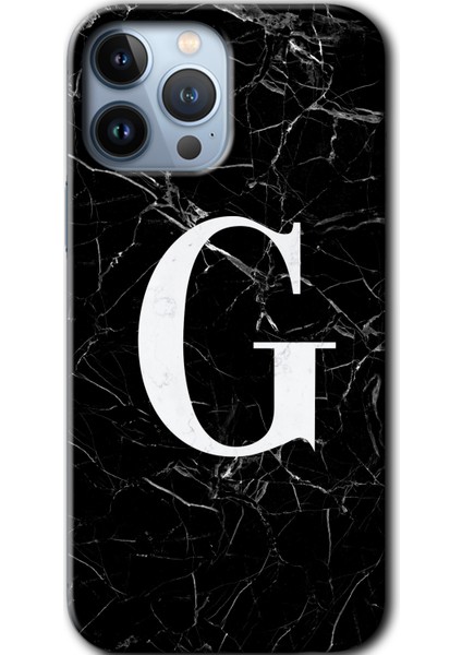 Apple iPhone 13 Pro Kılıf Hd Desen Baskılı Arka Kapak - Siyah Mermer Desenli G Harfi