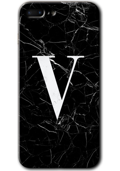Apple iPhone 7 Plus Kılıf Hd Desen Baskılı Arka Kapak - Siyah Mermer Desenli V Harfi