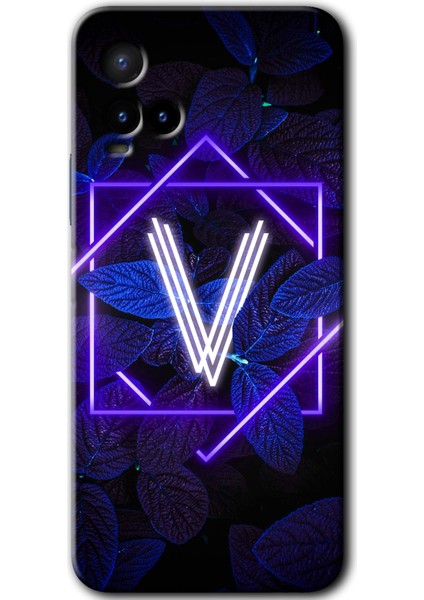 Vivo Y21 Kılıf Hd Desen Baskılı Arka Kapak - Dark Neon Yaprak V Harfi