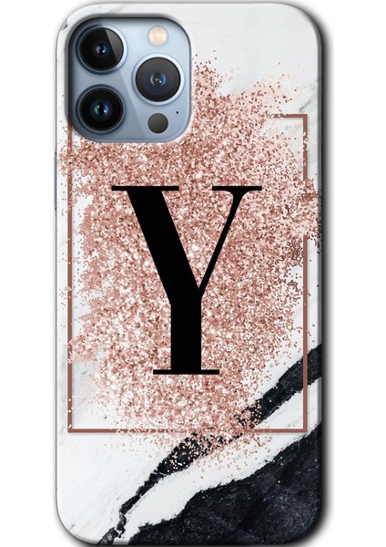 Apple iPhone 13 Pro Kılıf Hd Desen Baskılı Arka Kapak - Pembe Mermer Desenli Y Harfi