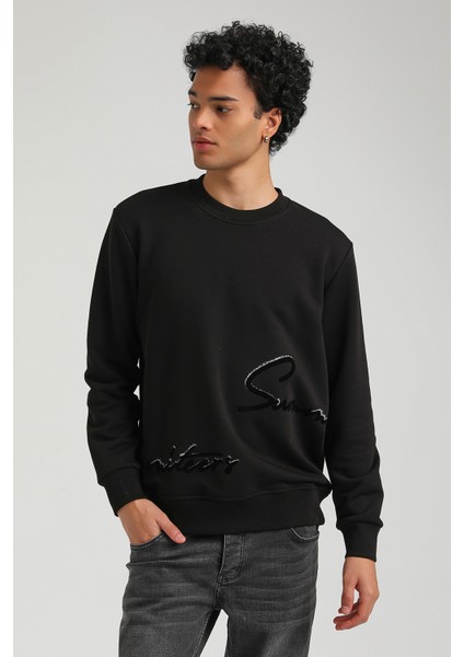 Bisiklet Yaka Siyah Slim Fit Sweatshirt 23FWM60150
