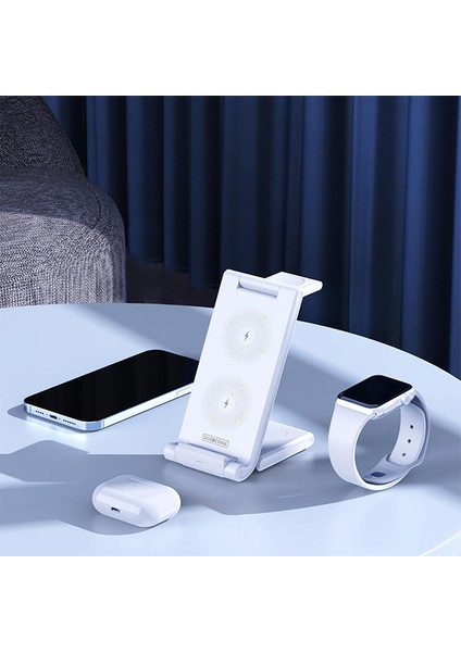 15W Katlanır 3 In 1 Telefon Kulaklık Saat Kablosuz Şarj Standı