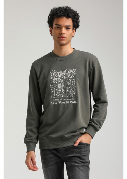 Bisiklet Yaka Haki Slim Fit Sweatshirt 23FWM60153