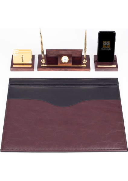 Premium Maun Masa Isimliği Bordo-Siyah Masa Sümeni Telefon Standlı Masa Üstü Isimlik Pirinç 4 Parça modelleri