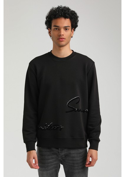 Bisiklet Yaka Siyah Slim Fit Sweatshirt 23FWM60150