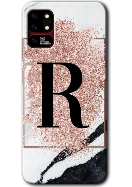 Reeder S19 Max Kılıf Hd Desen Baskılı Arka Kapak - Pembe Mermer Desenli R Harfi