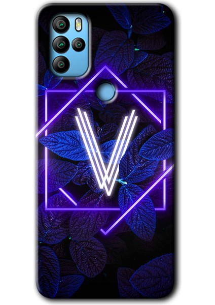 Omix X300 Kılıf Hd Desen Baskılı Arka Kapak + Kırılmaz Cam - Dark Neon Yaprak V Harfi