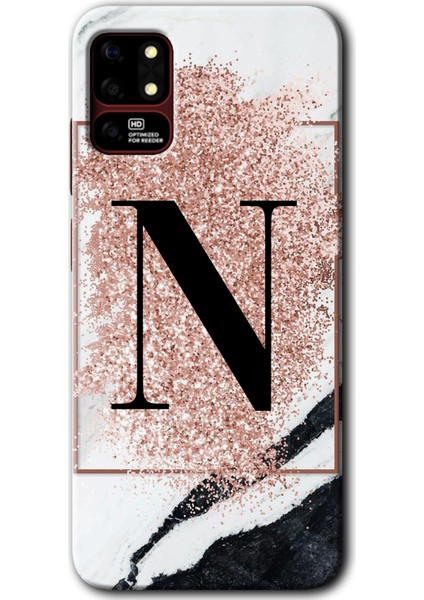 Reeder S19 Max Kılıf Hd Desen Baskılı Arka Kapak - Pembe Mermer Desenli N Harfi