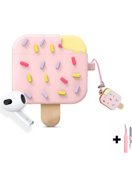 Airpods 3. Nesil Uyumlu Pembe Dondurma Kılıf ve Pembe 3'ü 1 Arada Bluetooth Kulaklık Temizleme Kalemi Seti