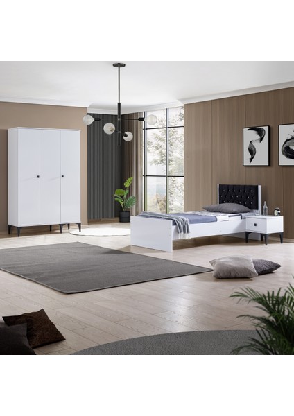 Genç Odası, White Genç Odası Takımı - 3 Kapaklı Dolap, Karyola, Komodin