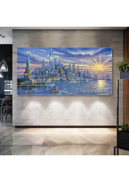 New York Şehir Işıkları Yelkenliler Özgürlük Heykeli Enine Yatay Kanvas Tablo