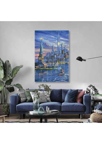 New York Şehir Işıkları Yelkenliler Özgürlük Heykeli Dikey Kanvas Tablo