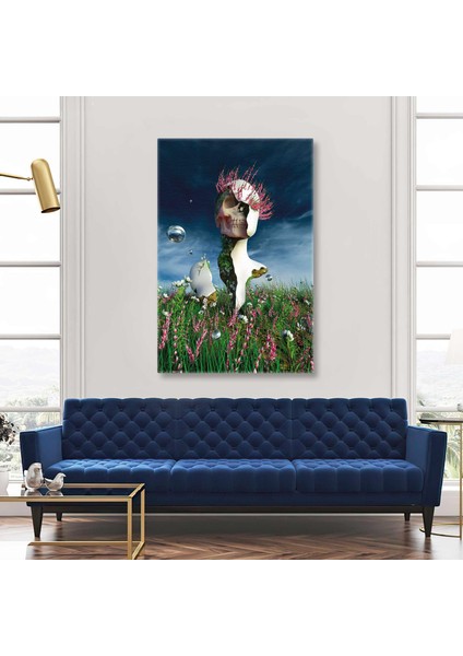 Çimler ve Pembe Çiçekler Içindeki Heykel Dikey Kanvas Tablo