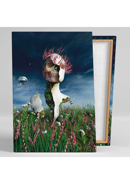 Çimler ve Pembe Çiçekler Içindeki Heykel Dikey Kanvas Tablo fiyatları