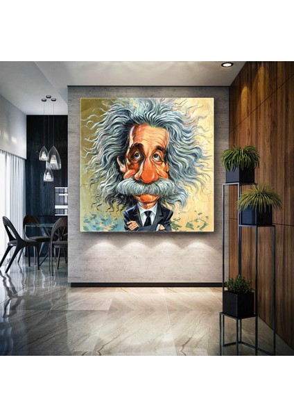 Albert Einstein Karikatürü Bilim Insanı Kare Kanvas Tablo