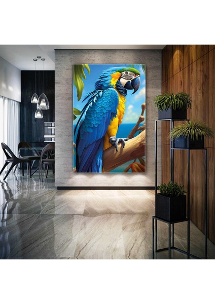 Mavi ve Sarı Macaw Papağanı Trorik Hayvan Dikey Kanvas Tablo