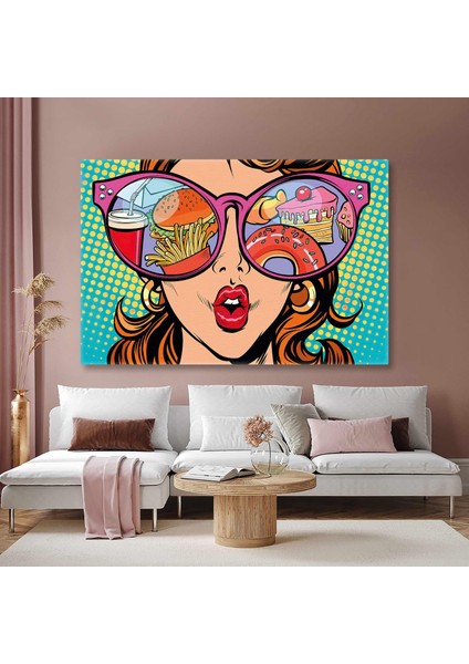 Pembe Gözlüklerine Dolar Yansıyan Kadın Pop Art Yatay Kanvas Tablo