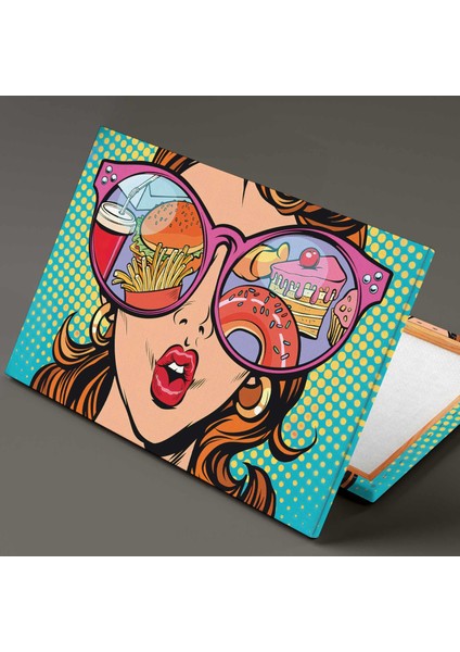 Pembe Gözlüklerine Dolar Yansıyan Kadın Pop Art Yatay Kanvas Tablo