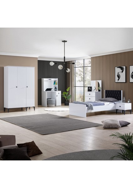 White Genç Odası Takımı - 3 Kapaklı Dolap Karyola, Komodin, Şifonyer, Masa