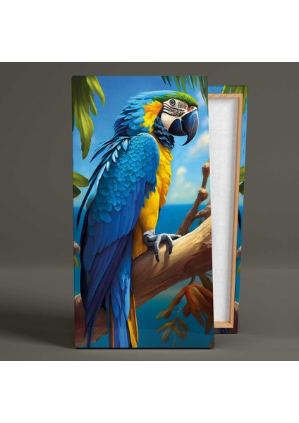 Mavi ve Sarı Macaw Papağanı Trorik Hayvan Boyuna Dikey Kanvas Tablo