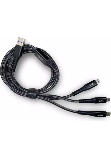 3 Çıkışlı Fast Charge 3in1 Şarj Kablosu 1.2m Type-C Micro Lightning 3'lü Kablosu