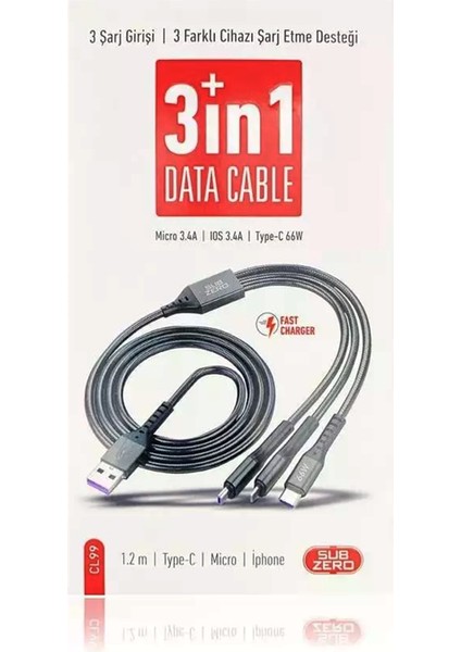 3 Çıkışlı Fast Charge 3in1 Şarj Kablosu 1.2m Type-C Micro Lightning 3'lü Kablosu modelleri
