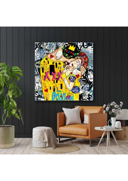 Gustav Klimt Grafitti Öpücük Tablosu Sokak Sanatı Kare Kanvas Tablo
