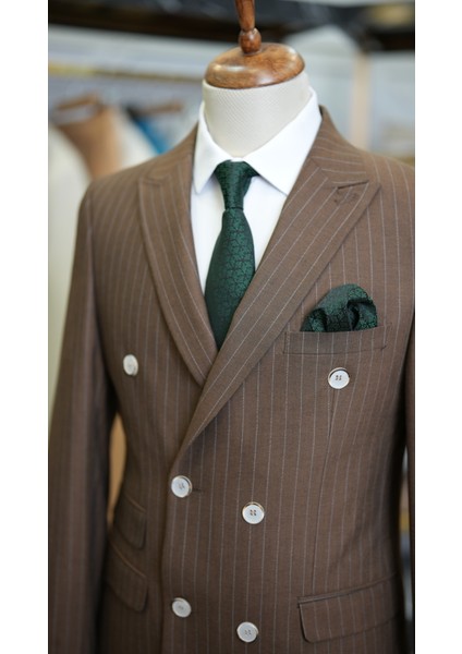 Erkek Kruvaze Çizgili Takım Elbise Italyan Kesim Slim Fit Ceket Pantolon-Açık Kahve fiyatları