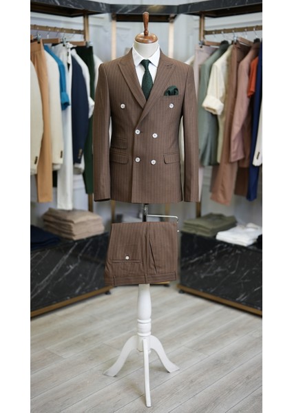 Erkek Kruvaze Çizgili Takım Elbise Italyan Kesim Slim Fit Ceket Pantolon-Açık Kahve modelleri