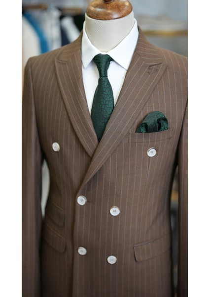 Erkek Kruvaze Çizgili Takım Elbise Italyan Kesim Slim Fit Ceket Pantolon-Açık Kahve fırsatları