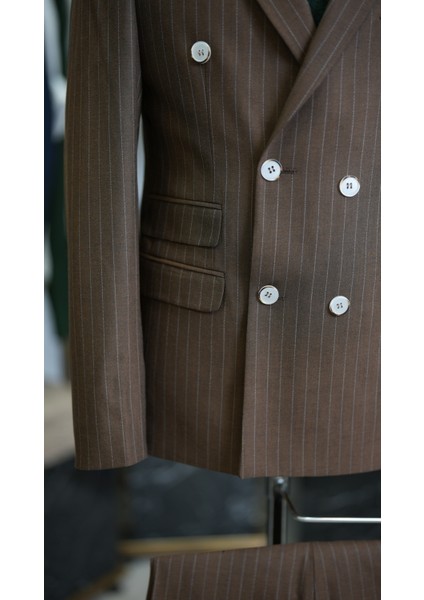 Erkek Kruvaze Çizgili Takım Elbise Italyan Kesim Slim Fit Ceket Pantolon-Açık Kahve indirimleri