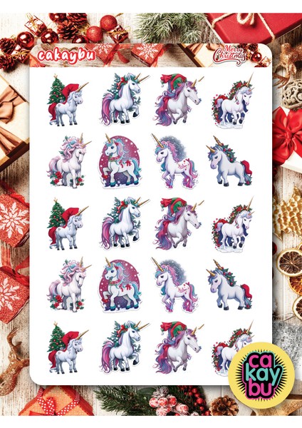 Unicorn Christmas Tema'lı Sticker Set A4 Boyutunda 1 Sayfa Özell Illüstrasyon Tasarım