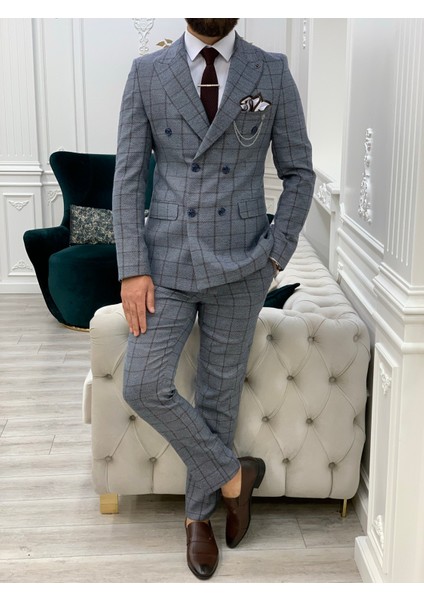 Erkek Ekoseli Kruvaze Takım Elbise Italyan Kesim Slim Fit Ceket Pantolon-Buz Mavisi