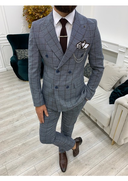 Erkek Ekoseli Kruvaze Takım Elbise Italyan Kesim Slim Fit Ceket Pantolon-Buz Mavisi indirimleri