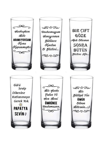 Karışık Yazılı Sözler Baskılı Rakı ve Meşrubat Bardağı 6 Lı