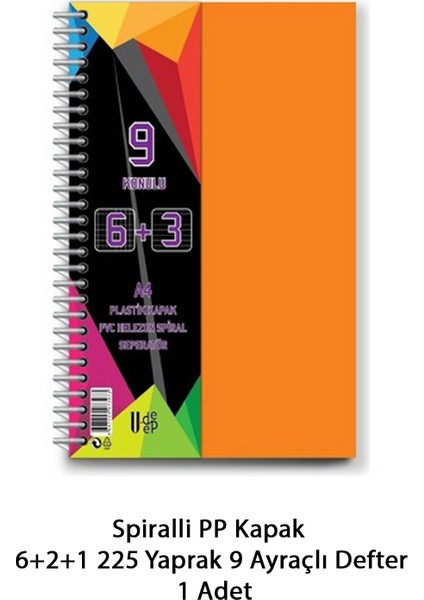 Spiralli Pp Kapak 6 + 2 + 1 225 Yaprak 9 Ayraçlı Defter