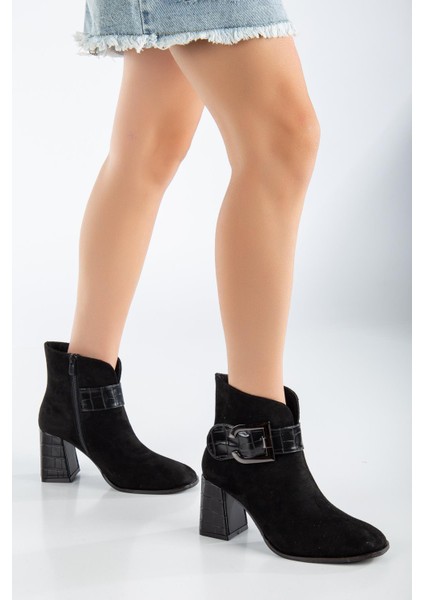 Süet Metal Kemerli Siyah Kadın Topuklu Bot fiyatları