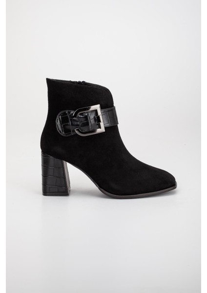 Süet Metal Kemerli Siyah Kadın Topuklu Bot modelleri
