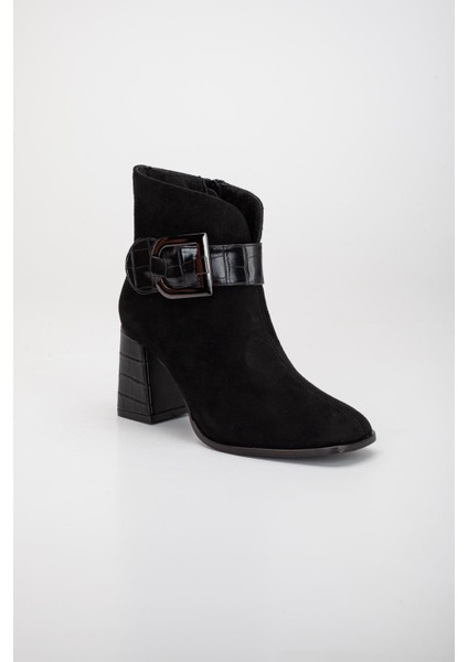 Süet Metal Kemerli Siyah Kadın Topuklu Bot fırsatları