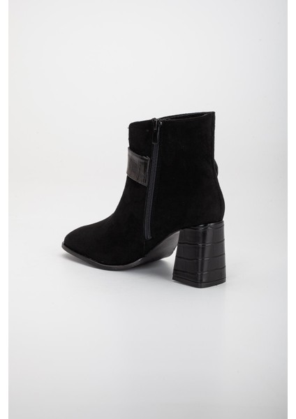 Süet Metal Kemerli Siyah Kadın Topuklu Bot indirimleri