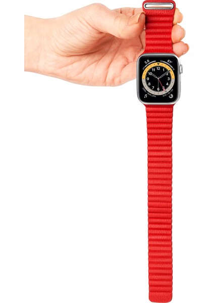 Tüm Watch Modelleriyle Uyumlu Vegan Deri Mıknatıslı Kırmızı Saat Kordonu 38-40-41 mm