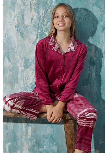 Pijama Evi Bordo Ekose Exclusive Önden Düğmeli Kadife Kız Çocuk Pijama Takımı 