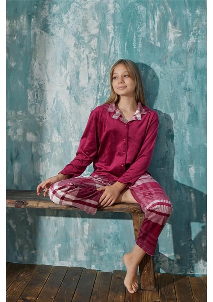 Pijama Evi Bordo Ekose Exclusive Önden Düğmeli Kadife Kız Çocuk Pijama Takımı 