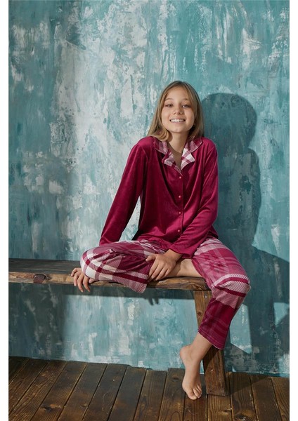 Pijama Evi Bordo Ekose Exclusive Önden Düğmeli Kadife Kız Çocuk Pijama Takımı 