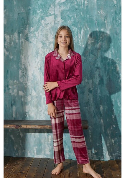 Pijama Evi Bordo Ekose Exclusive Önden Düğmeli Kadife Kız Çocuk Pijama Takımı 