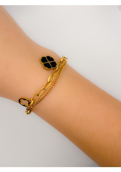 Çelik Bileklik Kombin Bileklik Yonca Bileklik Ikili Gold Bileklik
