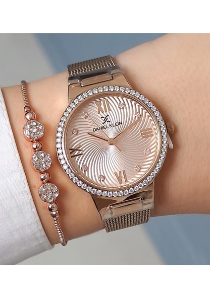 Rose Kadranlı, Taşlı, Rose Gold Kadın Kol Saati + Zirkon Taşlı Bileklik